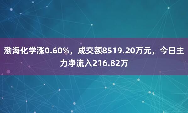 渤海化学涨0.60%，成交额8519.20万元，今日主力净流入216.82万